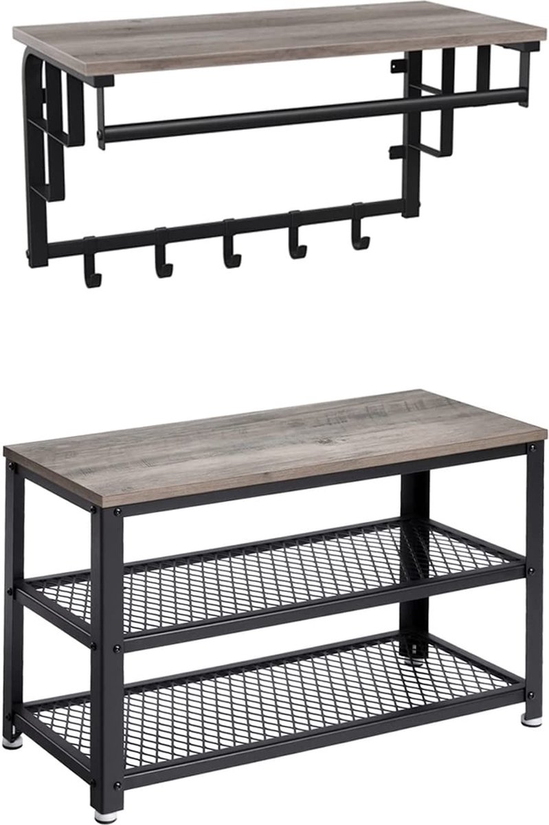 Schoenenbank, wandgarderobe, schoenenrek met zitvlak en 2 planken, wandrek met kledingstang en 5 afneembare haken, voor hal, slaapkamer, woonkamer, (6090946095097)