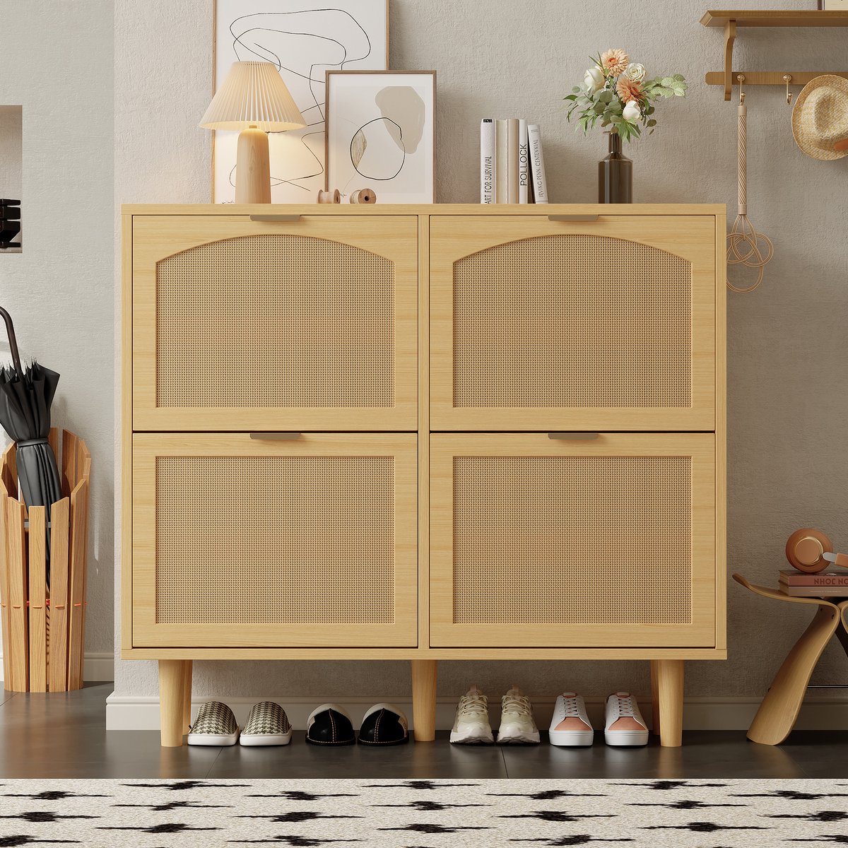 Schoenenkast - 100x90x25 cm - Rattan Met 4 Klappen - Landelijke Stijl - Hout - Naturel (8901660623412)