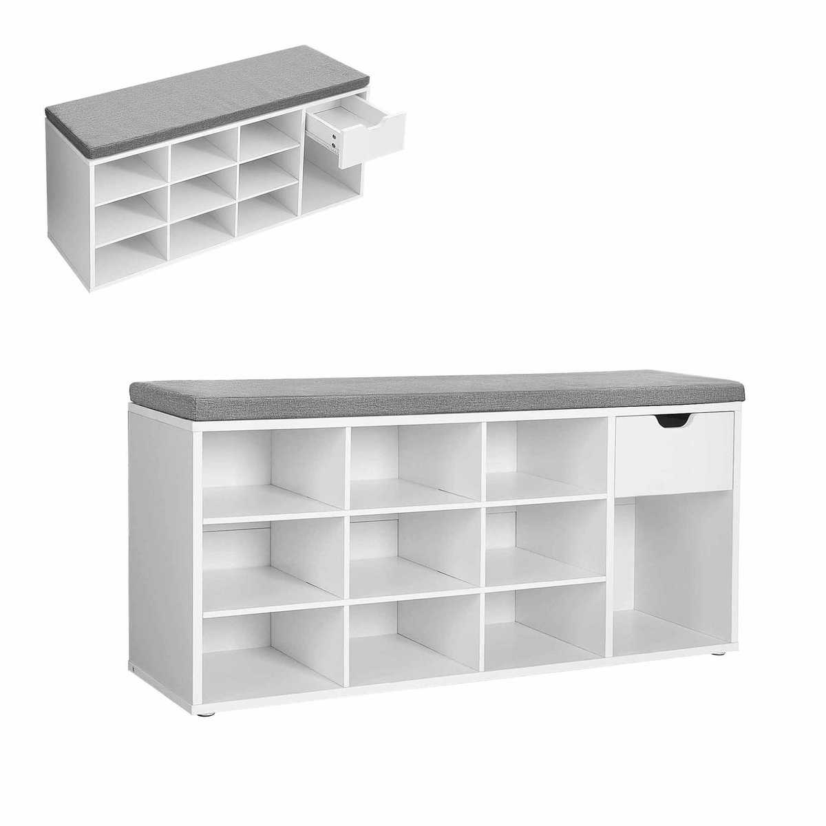 Schoenenkast 104 x 30 x 48 cm Wit Houten Frame Met 10 Open Vakken 1 Lade Schoenenbank Comfortabel Zacht Zitkussen Stevig Duurzaam Voor Entree Woonkamer Slaapkamer (4255890926176)