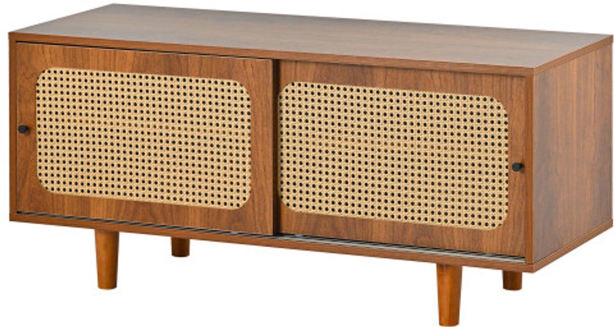Schoenenkast 104×40×48 cm - 2 Rattan Deuren, Verstelbare Planken, Nootkleurig, Mooi Design, Praktisch Opbergmeubel Voor Hal, Woonkamer En Slaapkamer (4255890954889)