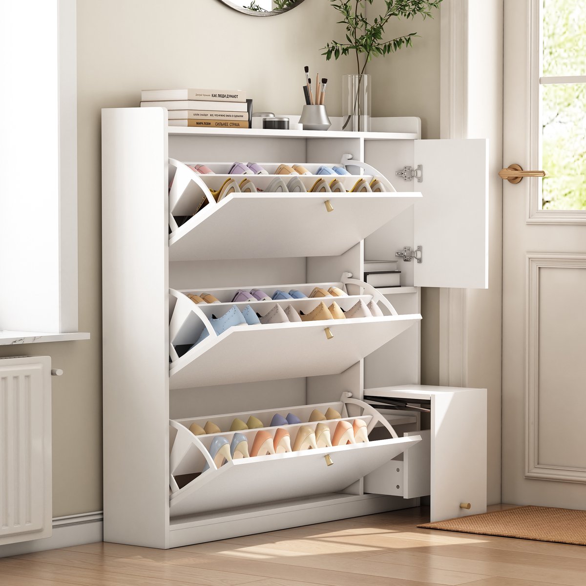 Schoenenkast - 119x122x24 cm - Met 3 Klappen en Lade - Met Zitbank - Hout - Wit (8901660623351)