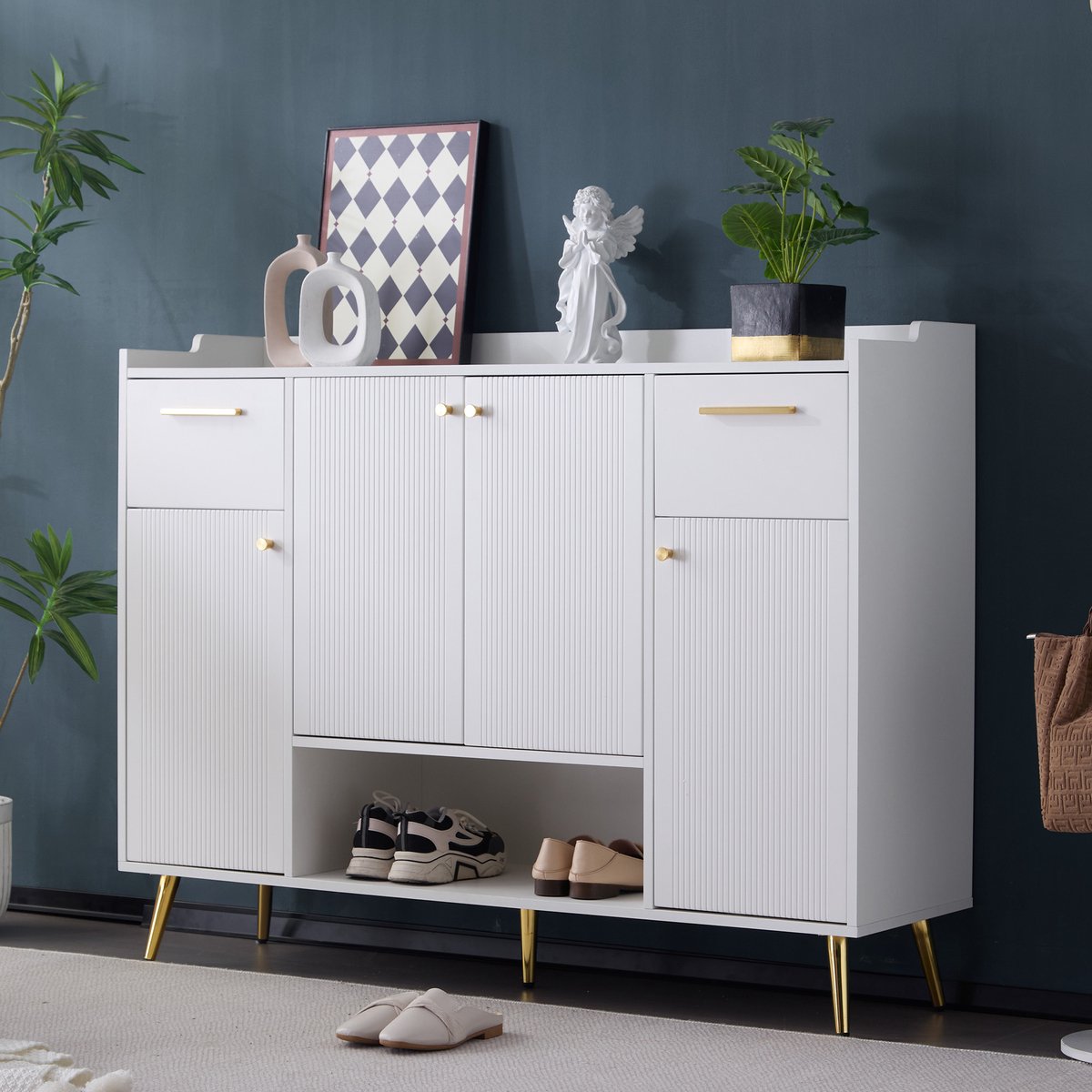 Schoenenkast - 130x100x37 cm - Met 2 Lades en 4 Deuren - Metalen Poten - Hout - Wit (8901660623313)