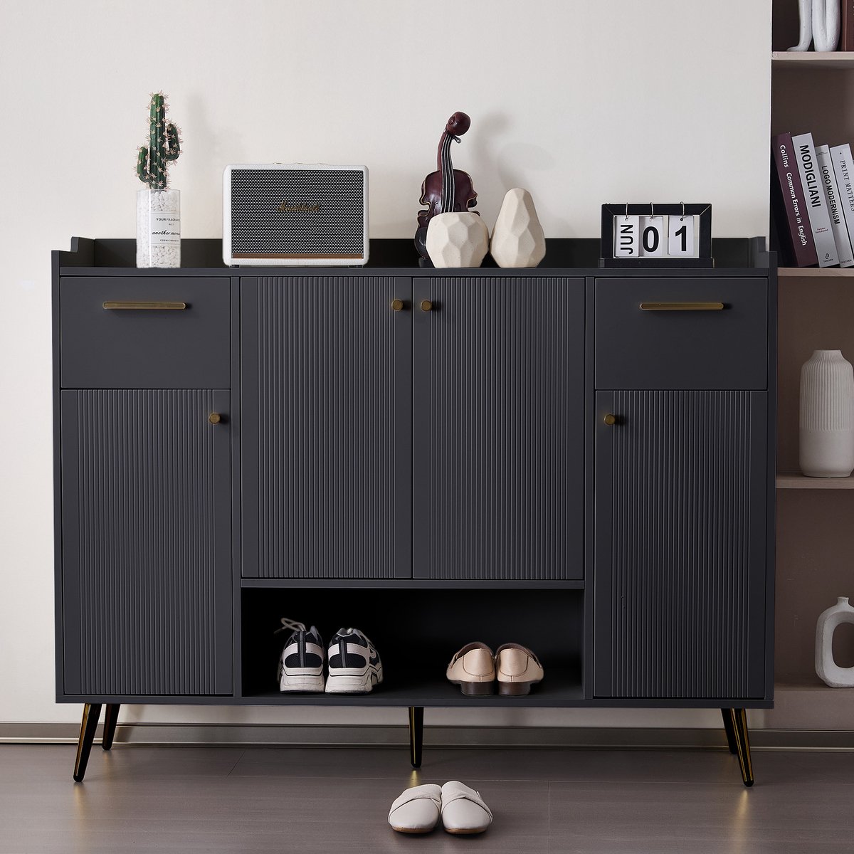 Schoenenkast - 130x100x37 cm - Met 2 Lades en 4 Deuren - Metalen Poten - Hout - Zwart (8901660623320)