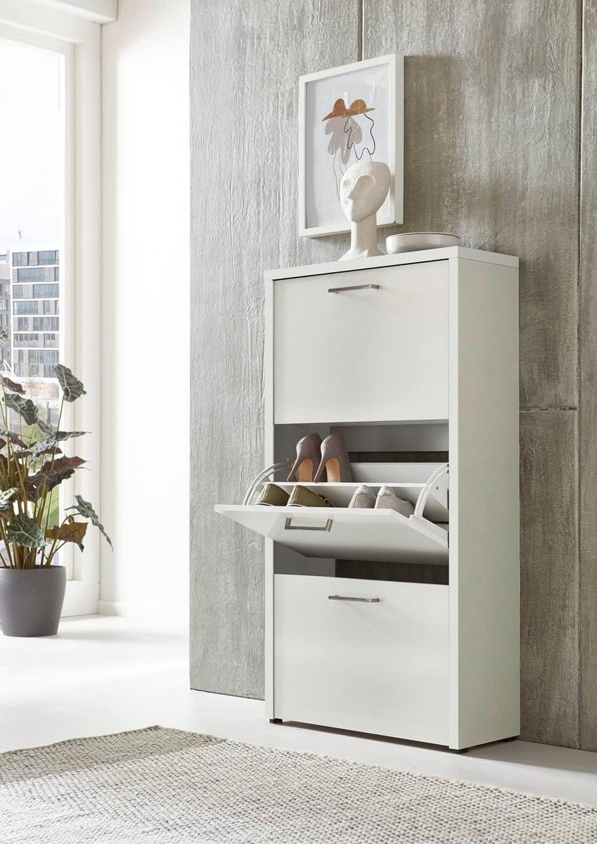 Schoenenkast 18 Paar Schoenen - Hoge Kast met 3 Kleppen - Wit Hoogglans (9101060275313)