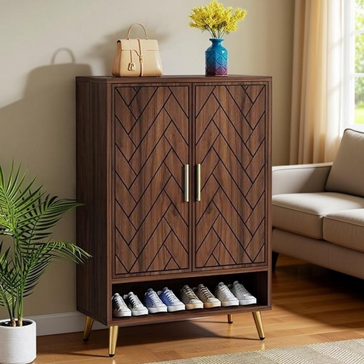 Schoenenkast 2-Deurs met 6-Lagen - Slimme Opbergkast voor 25 Paar Schoenen, Houten Schoenenrek voor Hal, Entree en Woonkamer - Walnoot - House&Garden (9503199438933)