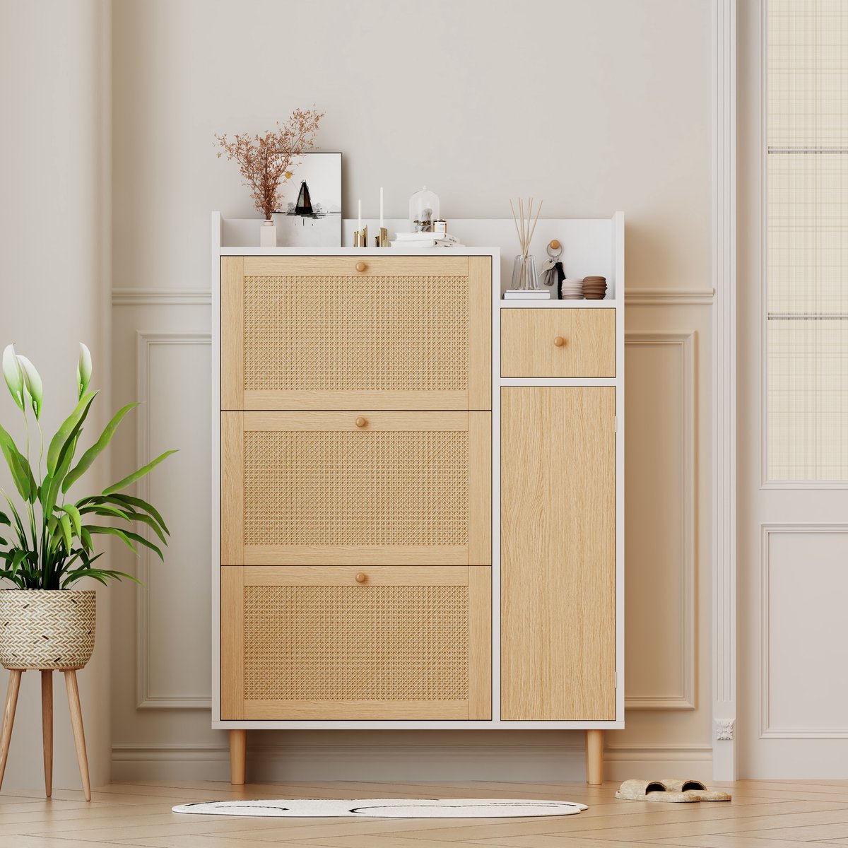 Schoenenkast - 90x125x17 cm - Rattan Met 3 Kippen en Lade - Smal Voor Hal - Hout - Naturel (8901660623160)