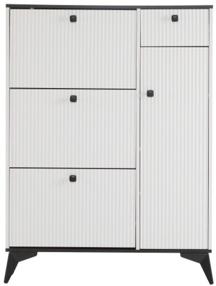 Schoenenkast 90×25×121cm Wit Zwart Spaanplaat MDF Drie Klapdeuren Eén Lade Eén Deur Met Planken Multifunctioneel Voor Hal En Gang Kleine Ruimtes (4255890931095)