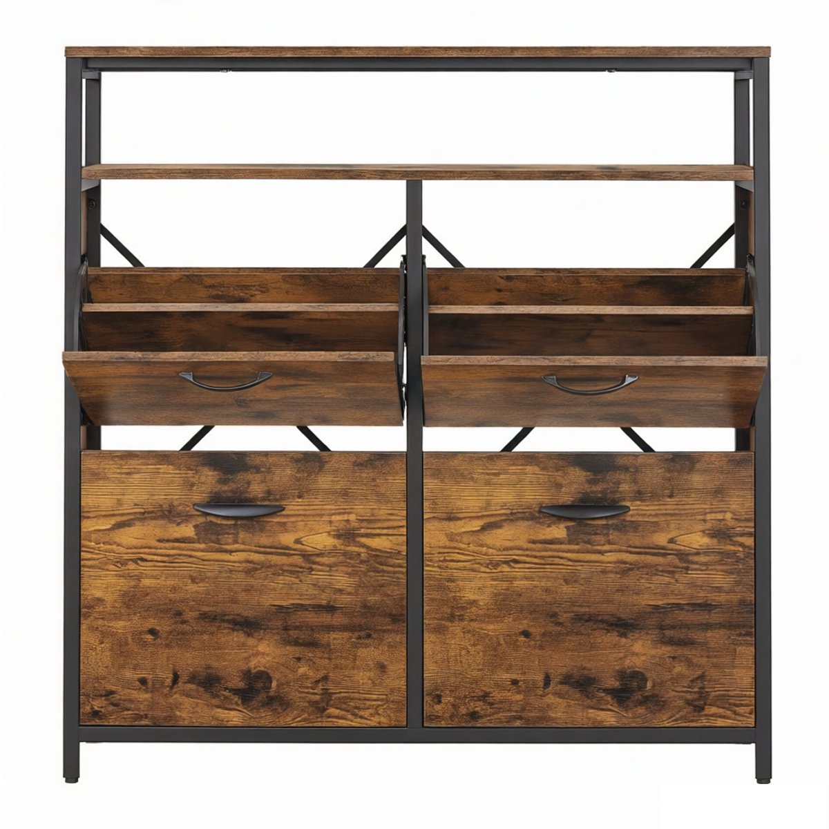 Schoenenkast 98,3x30x95cm Rustiek Bruin Zwart Hout Hal Gang Slaapkamer 4 Klapdeuren Met 2 Open Vakken Geschikt Schoenen Stevig Frame Multifunctioneel (4255839493752)