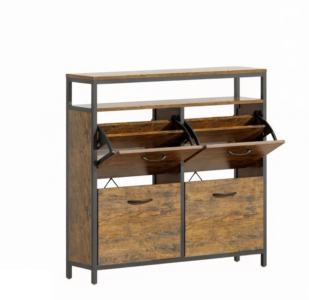 Schoenenkast 98x24x95 cm bruin met verstelbare planken, 4 flip-lades en 1 open opbergruimte kan 12-20 paar schoenen bevatten Max EU maat 47 Geschikt voor gang, slaapkamer, woonkamer (4255890957279)