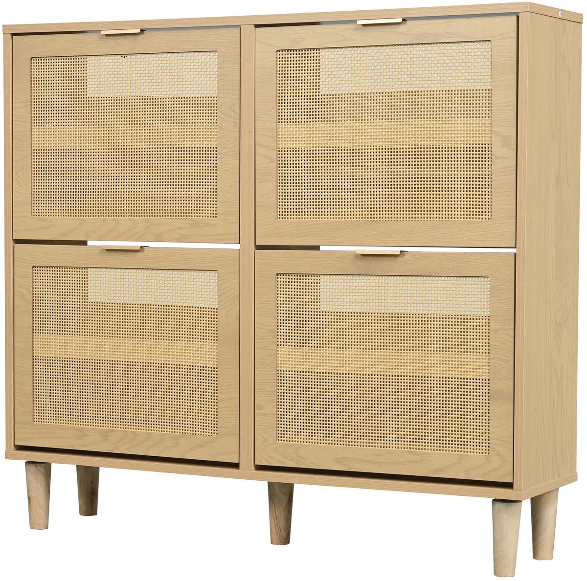 Schoenenkast Houten nep-riet schoenenbox opbergkast dressoir met 4 kantelbare lades metalen handgrepen modern minimalistisch ontwerp geschikt voor gang slaapkamer appartement 100×25×90 cm naturel (4255890943692)
