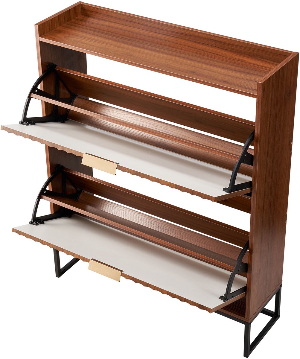 Schoenenkast Met 2 Omklapbare Laden, Mid-Century Stijl Schoenenopslag Eenheid Met Anti-Kantel Functie, Vrije Staande Gekaneld Organizer voor Entree, Gang, Slaapkamer Of Woonkamer, Walnoot Afwerking (8721334428774)