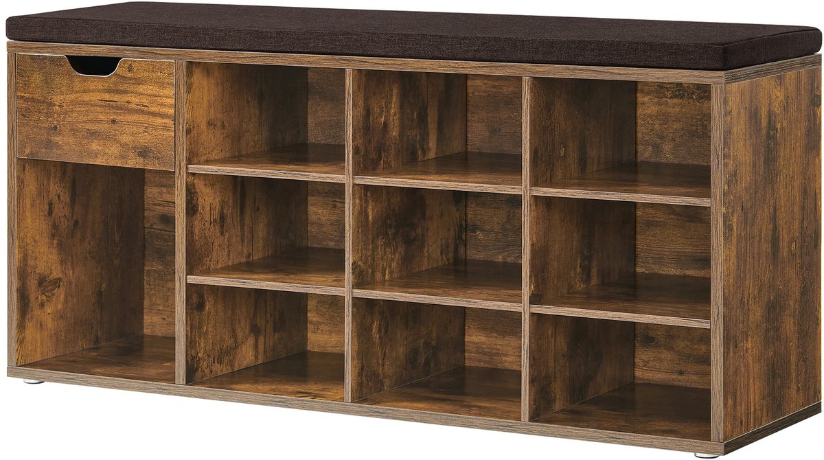 Schoenenkast Opbergkast Met Schoenenbank 104x30x48 Cm Bruin Houten Frame 10 Open Opbergvakken 1 Lade Comfortabele Zitkussen Stevig Duurzaam Entree Woonkamer Slaapkamer Garderobe (4255890932573)
