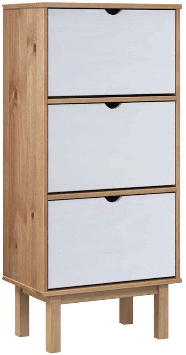 Schoenenkast | Schoenenrek | Opbergkast OTTA 3 lades massief grenenhout bruin en wit (6248446694658)
