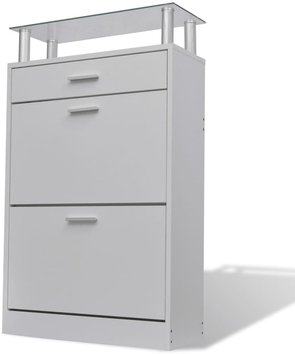 Schoenenkast | Schoenenrek | Opbergkast met lade en glazen schap wit hout (6248446693996)