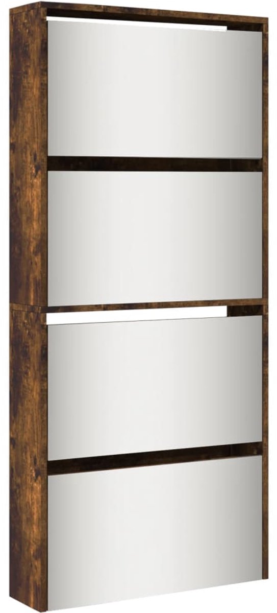 Schoenenkast | Schoenenrek | Opbergkast met spiegel 4-laags 63x17x134 cm gerookt eiken (6248446694511)