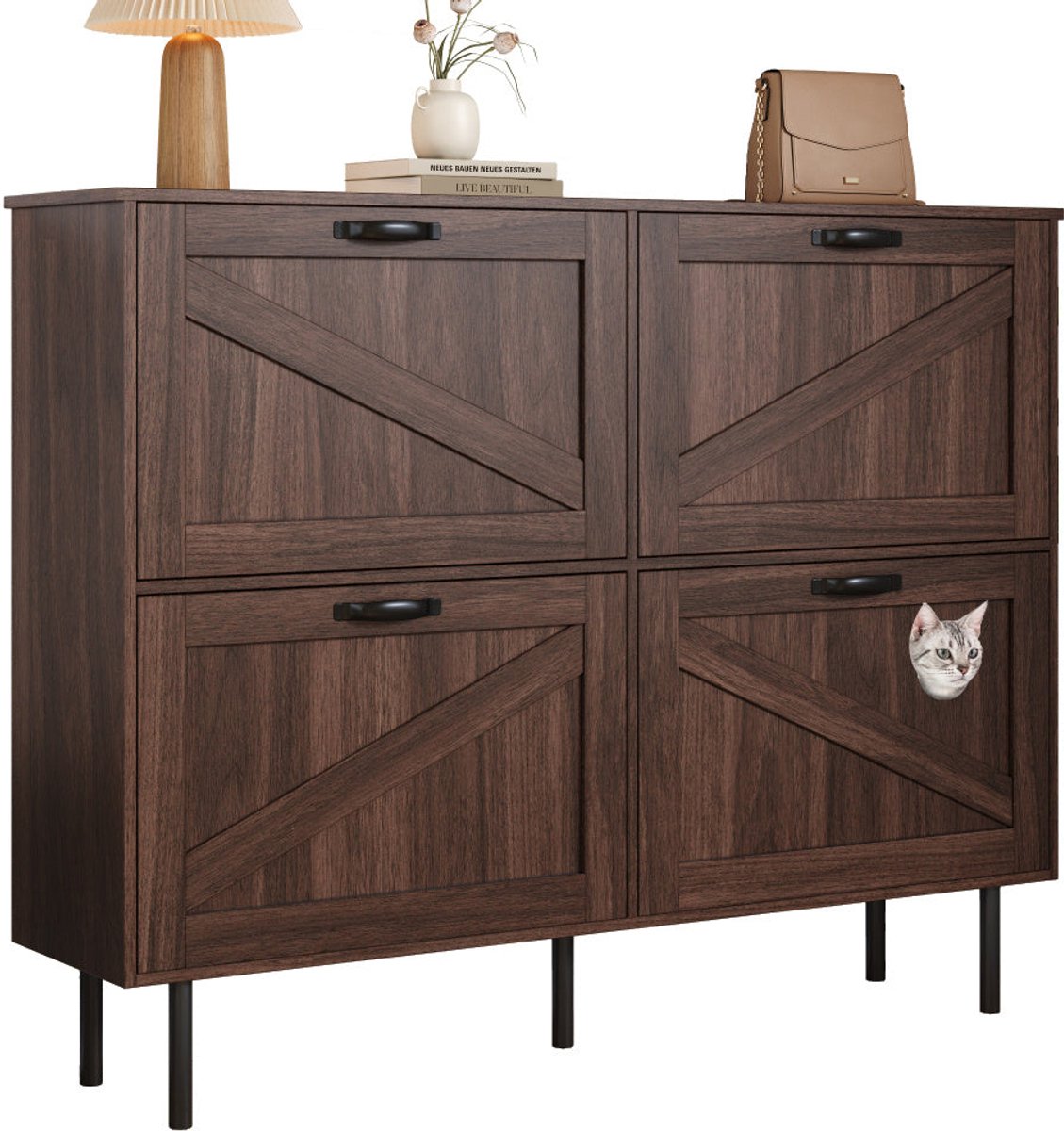 Schoenenkast - Schoenenrek - Schoenenopberger - Halmeubel - Schoenenbank - Smal Design - Stevig Metalen Frame - 3 Kanteldeuren - Met Katten Speeltje - Compact Voor Kleine Ruimtes (8721391307074)