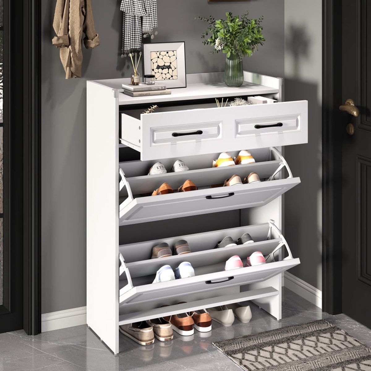 Schoenenkast - Schoenenrek - Schoenenopberger - Schoenenmeubel - Schoenenbankje - Wit MDF - 4 Compartimenten & Lade - Ruimtebesparend Verticaal Ontwerp 80x34x107,5 cm (8721391275113)