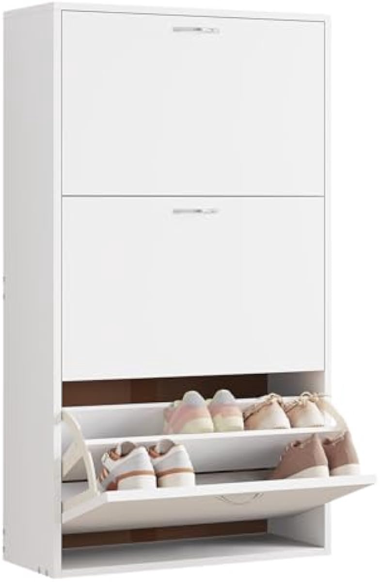 Schoenenkast Smal Met 3 Kleppen - Schoenencommode Ruimtebesparend - Wit (5487571813423)