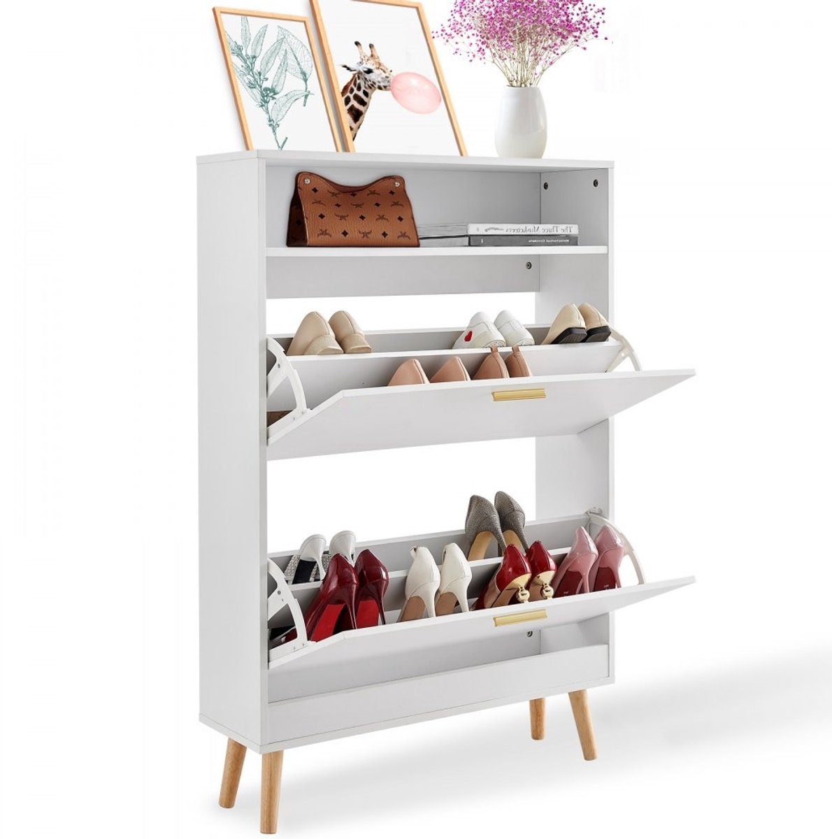 Schoenenkast - Smal Model met 2 Kleppen - 80 x 23,7 x 120,5 cm - Bovenste Opbergvak - Draagvermogen 68 kg - Massief Hout - Voor Hal - Wit (6097719227266)