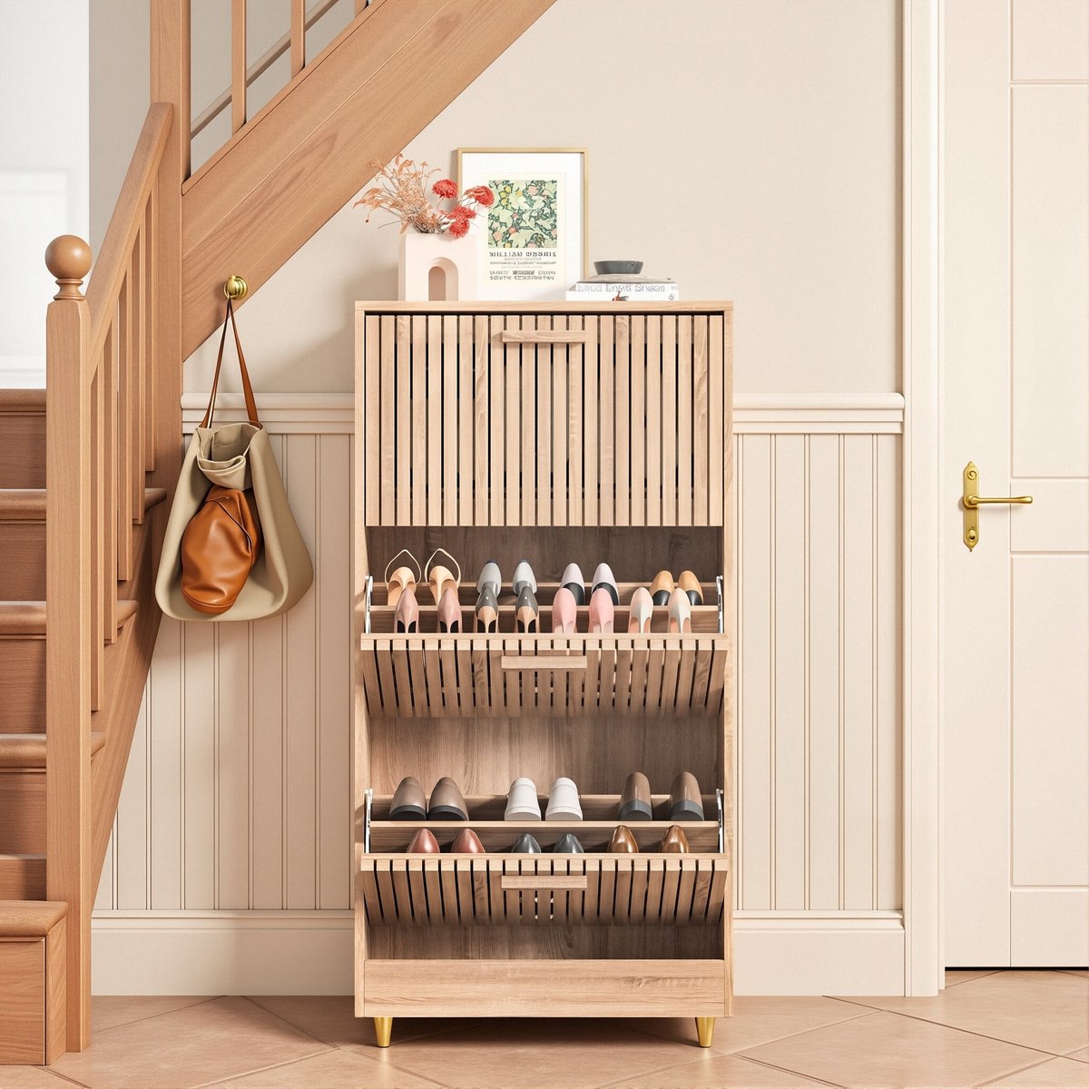 Schoenenkast - Smal & Modern - Voor 16 Paar Schoenen - 2 Klapdeuren - Houtlook - Voor Hal of Gang (7772326263287)