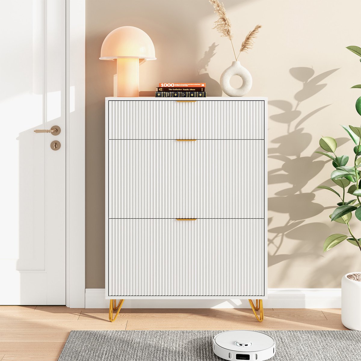 Schoenenkast, Veelzijdige opbergruimte, vrijstaande organizer met 2 uitklapbare lades en 1 opbergvak, 80x24x118,5cm smalle schoenenkast voor de entree, met kantelbeveiliging Schoenenkast, wit (3091182703978)