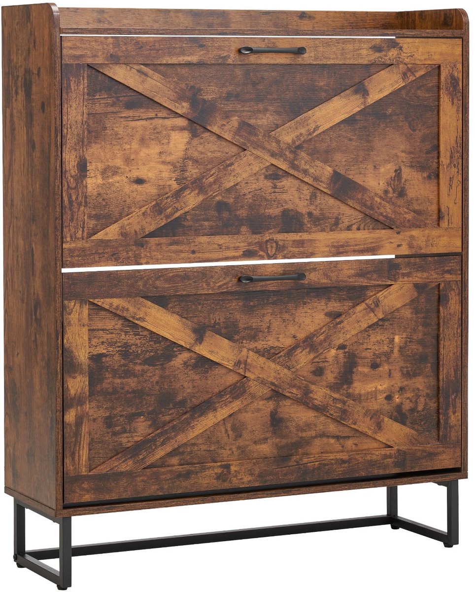 Schoenenkast - Vrijstaand schoenenrek met 2 deuren - Kantelbeveiliging - Ruimtebesparend - Voor hal en gang - Vintage stijl - Afmeting 80 x 24 x 97,3 cm - Bruin (6152744062005)