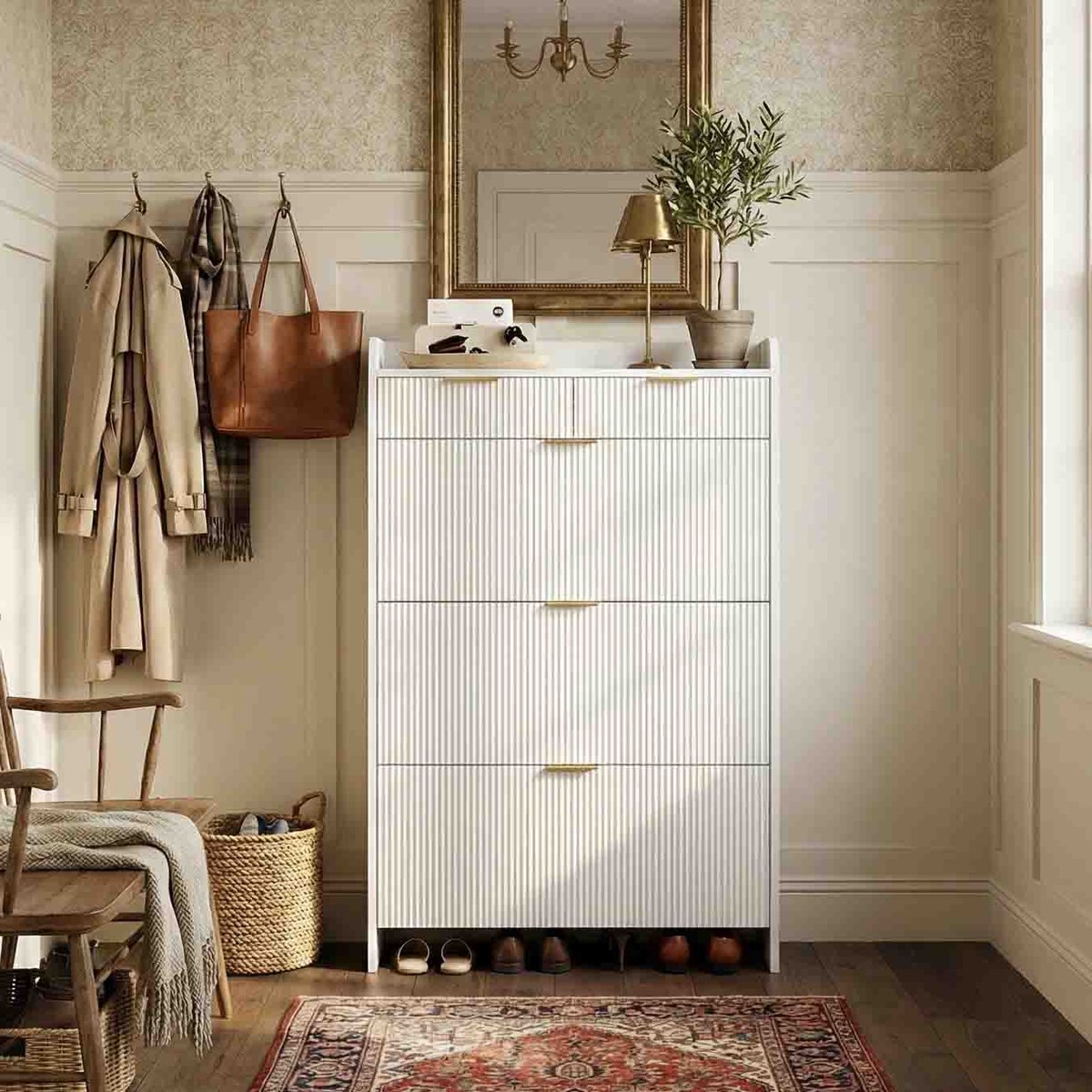 Schoenenkast Wit - ADFBL - 77,1 x 24,2 x 133,5 cm - Met 3 Vakken & Lade - Goudkleurige Grepen - Smal Design 24cm Diep (8410235389566)