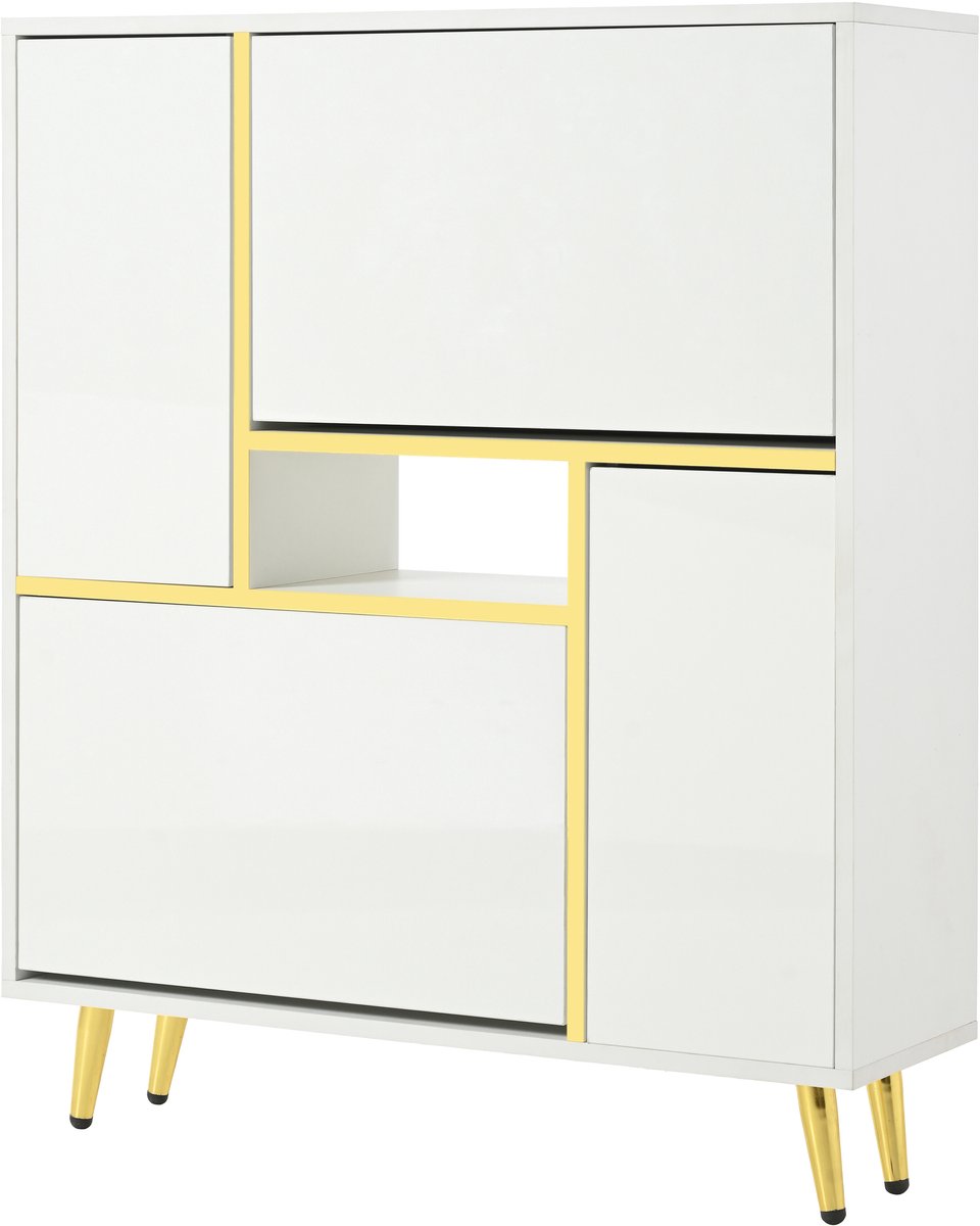 Schoenenkast inkomkast opbergkast met 16-kleurige veranderlijke LED-verlichting 2 dubbele laag opbergcompartimenten en 2 dubbele laag omklapcompartimenten modern ontwerp met gouden decoraties 80 x 25 x 96 cm wit (4255890902040)