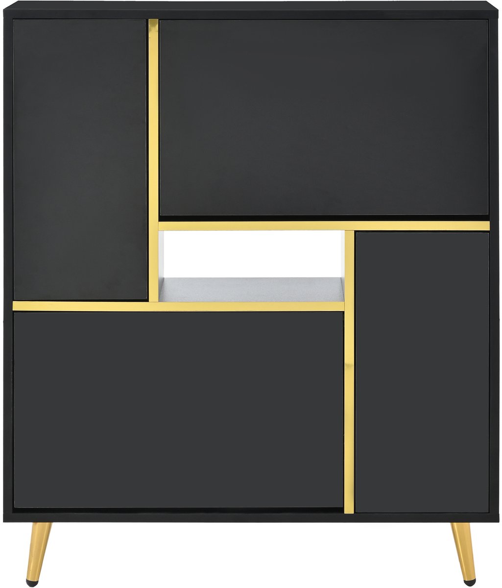 Schoenenkast inkomkast opbergkast met 16-kleurige veranderlijke LED-verlichting 2 dubbele laag opbergcompartimenten en 2 dubbele laag omklapcompartimenten modern ontwerp met gouden decoraties 80 x 25 x 96 cm zwart (4255890902033)