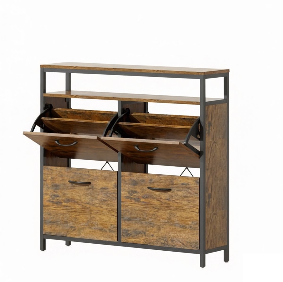 Schoenenkast kan 12-20 paar schoenen bevatten Max EU maat 47 met verstelbare planken, 4 flip-lades en 1 open opbergruimte Geschikt voor huis, kantoor, hal 98x24x95 cm bruin (4255901417402)