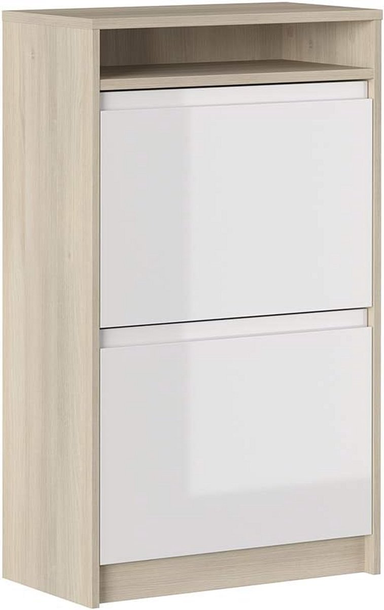 Schoenenkast met 2 deuren en opbergruimte in Eiken/Wit Hoogglans (9101075863208)