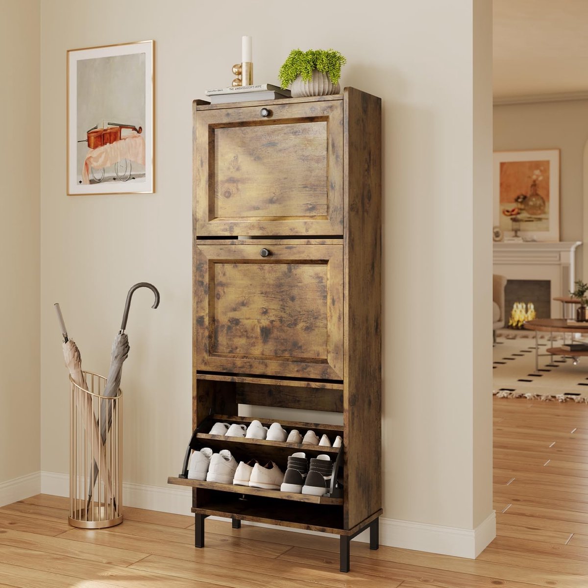 Schoenenkast met 3 Klapdeuren - Dubbele Diepte, Smalle Organizer voor Hal & Slaapkamer, 50 × 130 × 24 cm (Retro) (5487571826041)