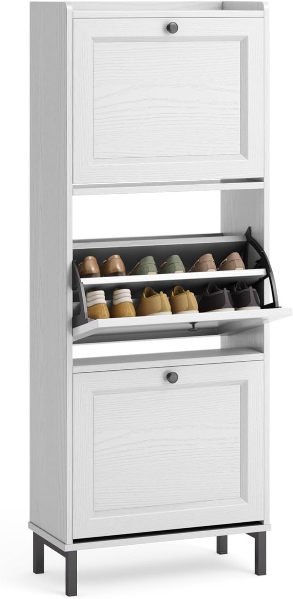 Schoenenkast met 3 Klapdeuren - Dubbele Diepte, Smalle Organizer voor Hal & Slaapkamer, 50 × 130 × 24 cm (Wit) (5487571826034)