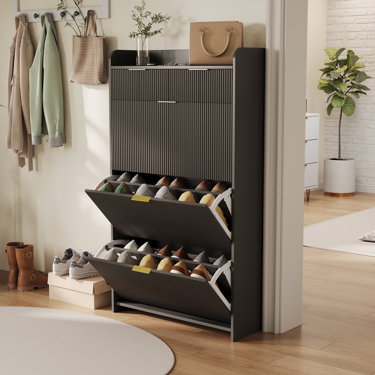 Schoenenkast met 3 inklapbare lades, voor 10-30 paar, smalle schoenkast, schoenenkast voor hal, hal, kleedkamer, 24 x 80 x 133 cm, Zwart (8683769340642)