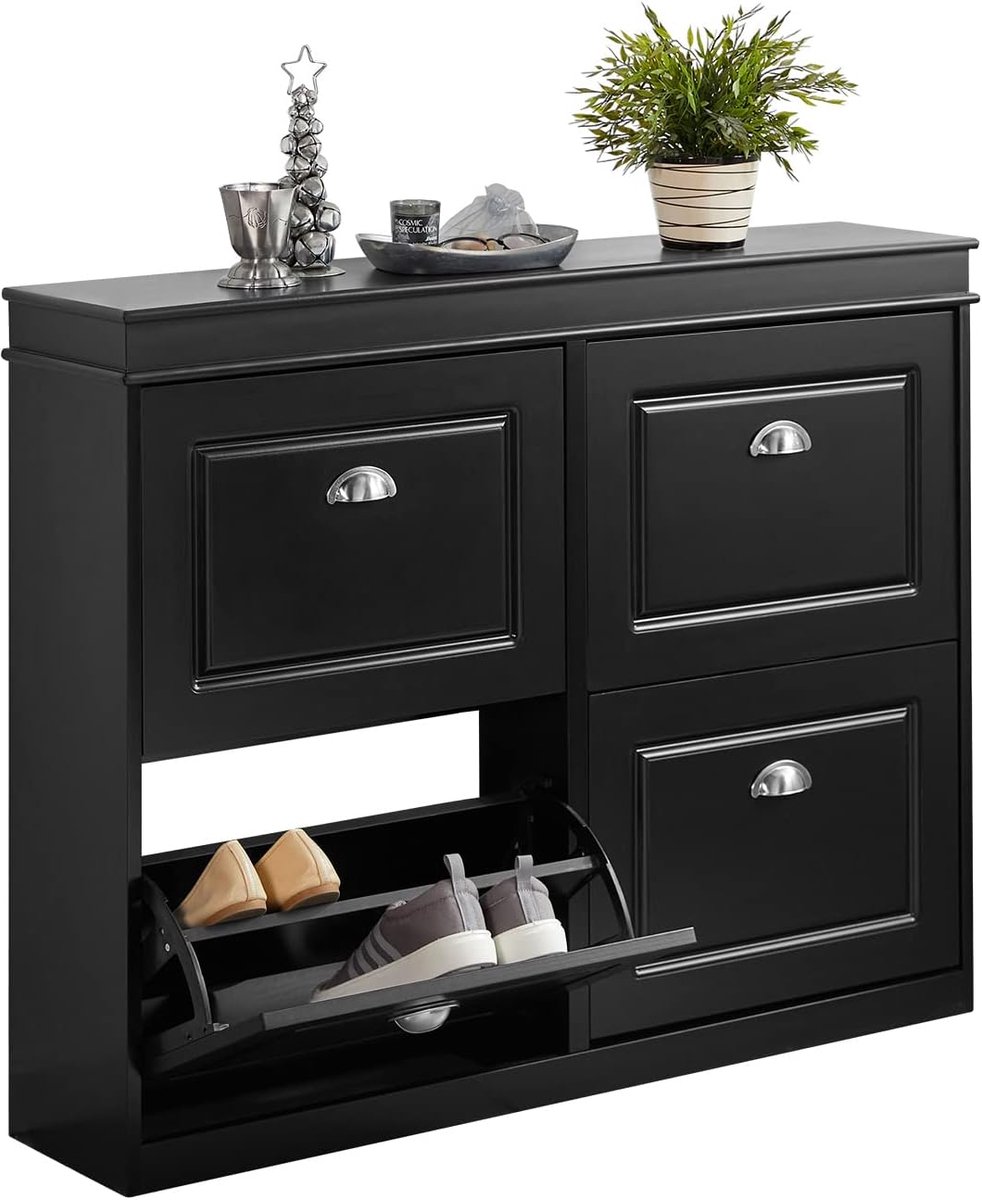 Schoenenkast met 4 Klepdeuren - Schoenenmeubel met Handgrepen - Geschikt voor 16 Paar Schoenen - Hout - Zwart (8785349797485)