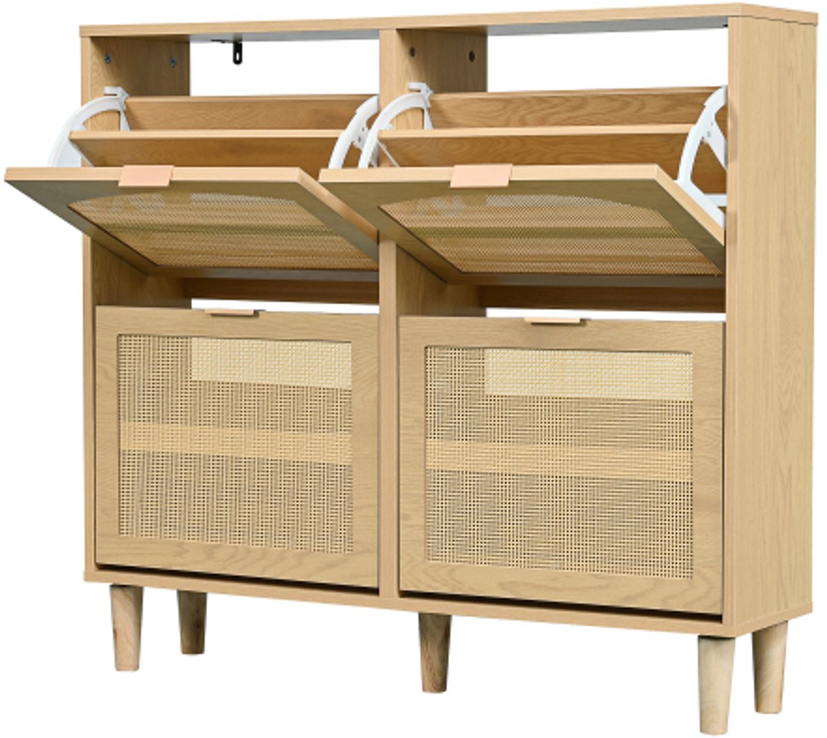 Schoenenkast met 4 uitklapbare laden, rotan schoenenkast met metalen handgrepen, schoenenrek voor hal, slaapkamer, appartement, houten meubels, landelijke stijl, afmetingen: 100 x 25 x 90 cm (4255839462673)