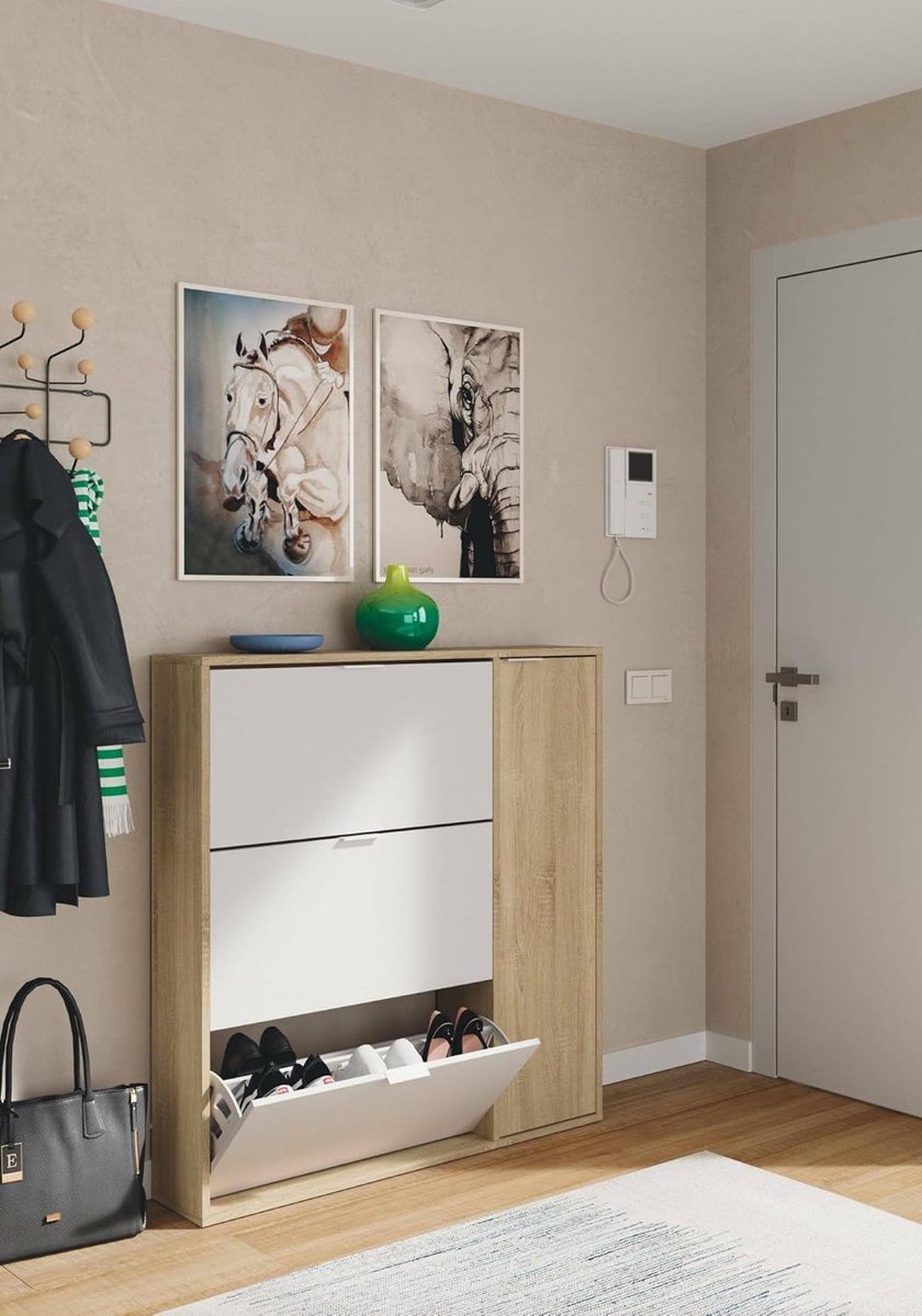 Schoenenkast met Drie Klapdeuren en Eén Deur - Wit en Eikenhout - 30 Paar Schoenen (9101060039472)