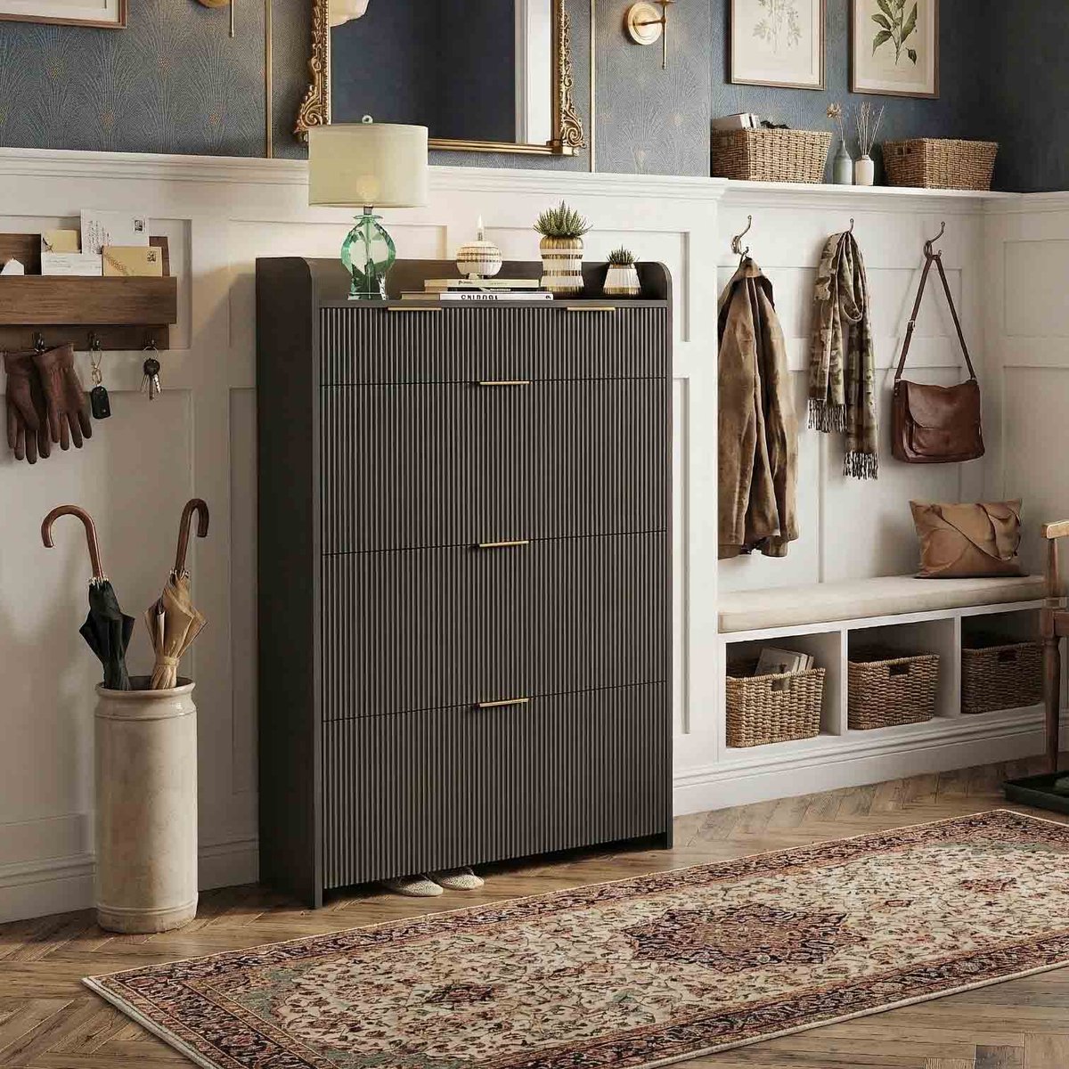 Schoenenkast met Lade & Kantelvakken - ADFBL - 77 x 24 x 133.5 cm - Moderne Halkast met Functioneel Bovenblad (Opstaande Rand) - Ruimtebesparende Schoenenorganizer - Minimalistisch Design (0746124816911)