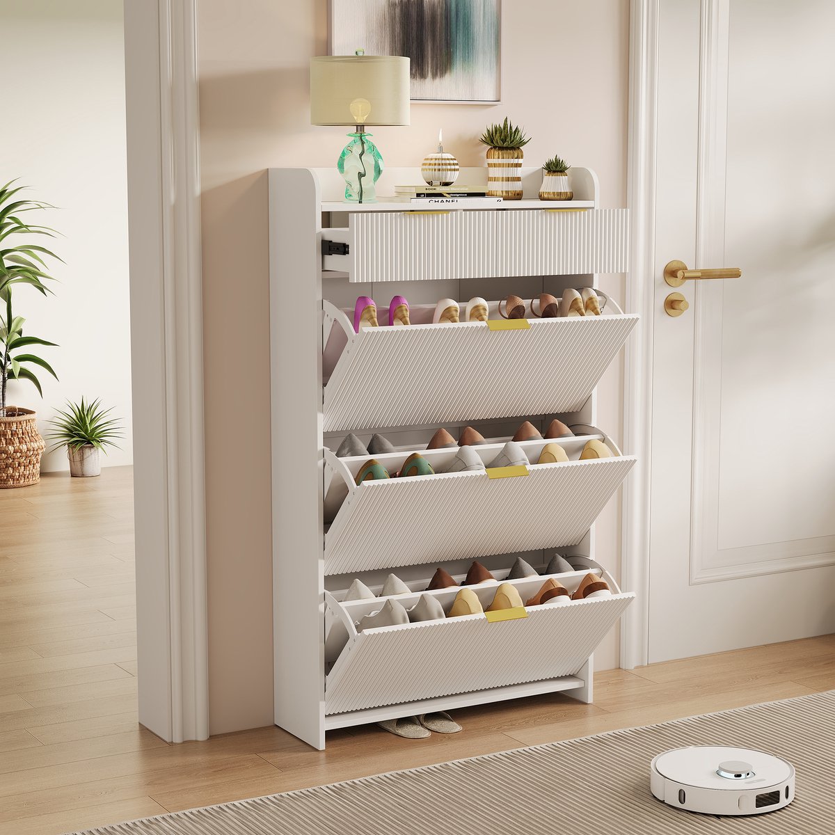 Schoenenkast met geribbelde afwerking, opbergblad en lade - ideaal voor hal, entree of gang - Wit (4853222964515)