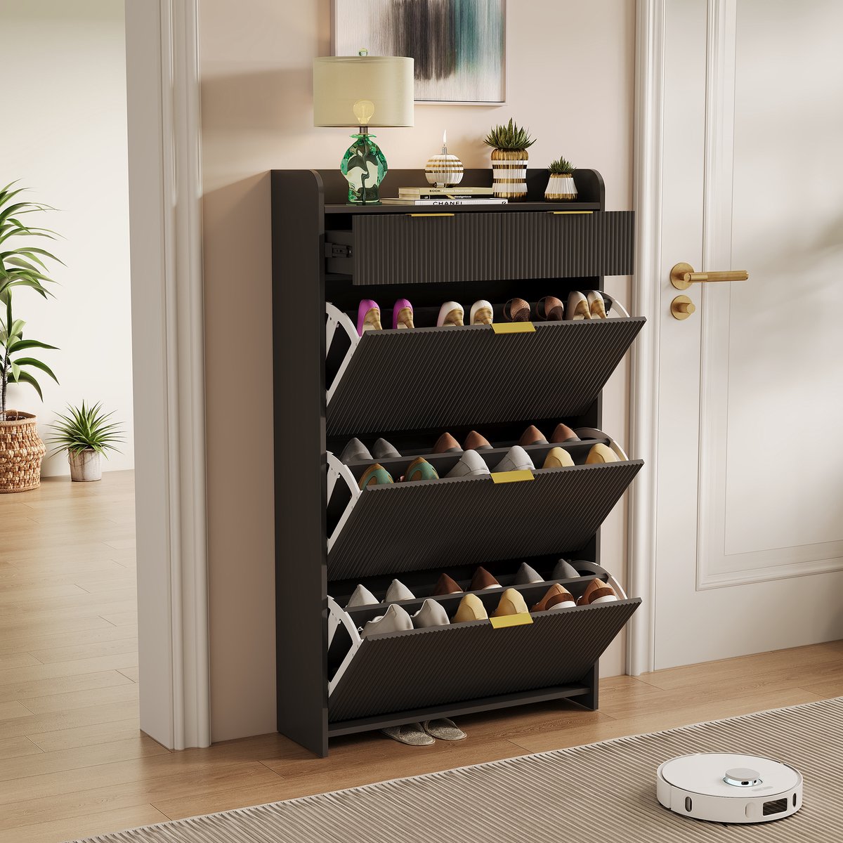 Schoenenkast met geribbelde afwerking, opbergblad en lade - ideaal voor hal, entree of gang - Zwart (4853222964522)