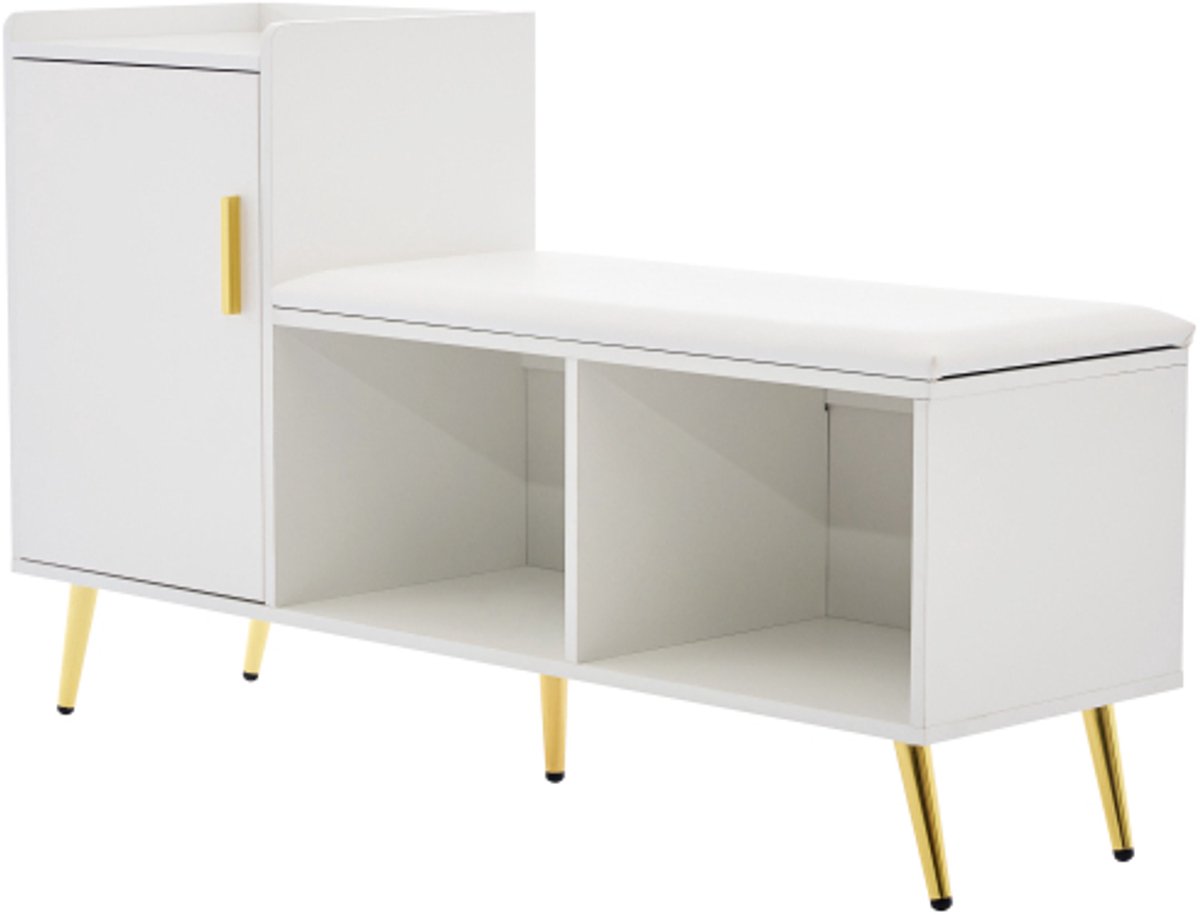 Schoenenkast met opbergruimte, Schoenenbank zitbank met kussen, verstelbare legplanken - Wit hoogglan-voor hal, gang, woonkamer of slaapkamer (4255890905133)