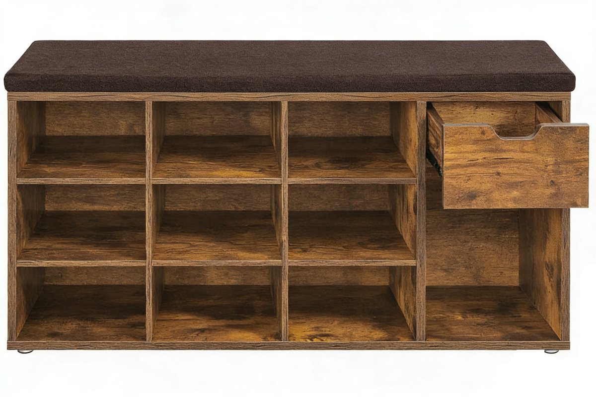 Schoenenkast opbergkast 104 x 30 x 48 cm, bruin met 10 open opbergvakken, 1 lade en schoenenbank, stevig en duurzaam houten frame, comfortabele zachte zitkussen, geschikt voor entree, woonkamer en slaapkamer, (4255839496272)