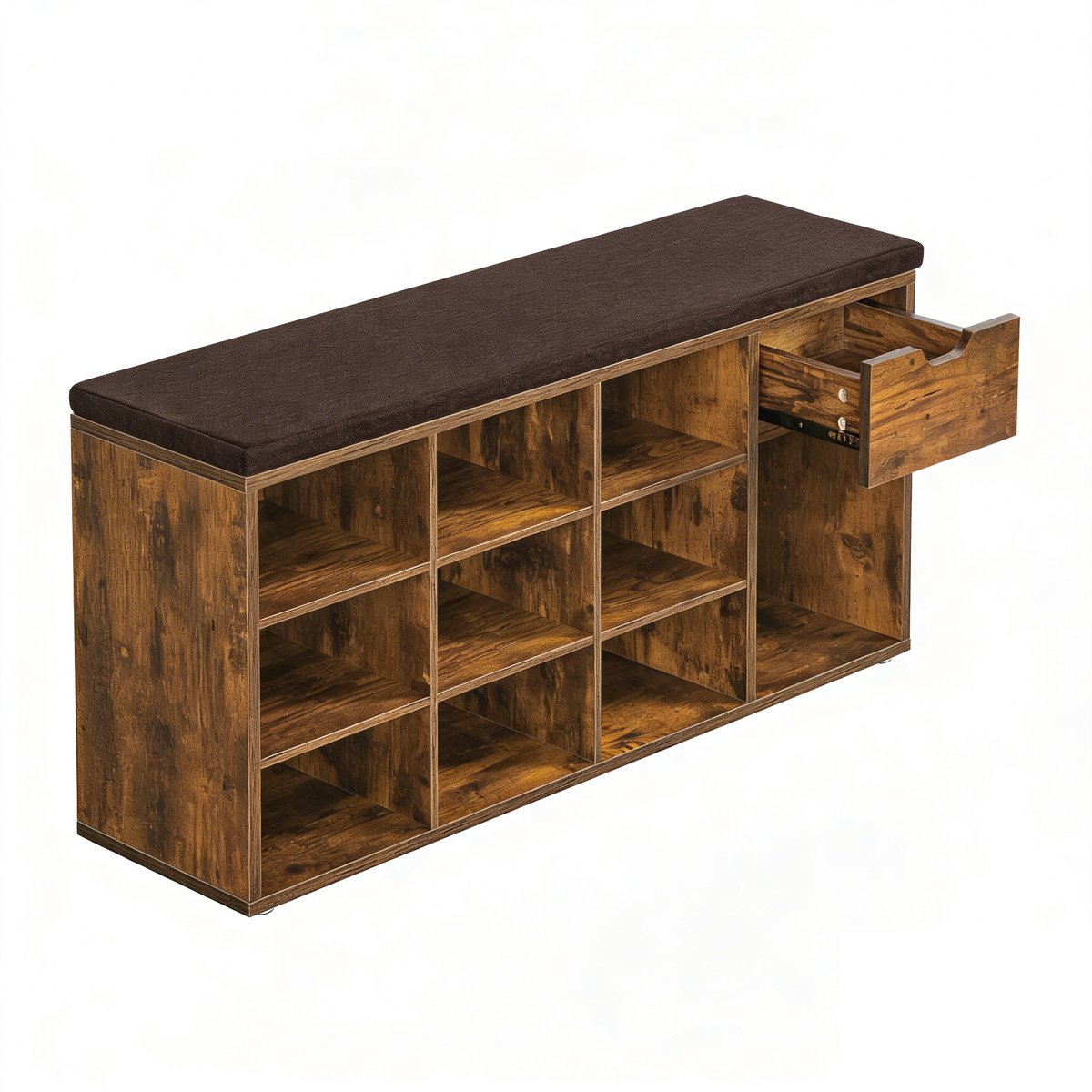 Schoenenkast opbergkast met 10 open opbergvakken, 1 lade en schoenenbank, stevig en duurzaam houten frame, comfortabele zachte zitkussen, geschikt voor entree, woonkamer en slaapkamer, 104 x 30 x 48 cm, bruin (4255901409186)