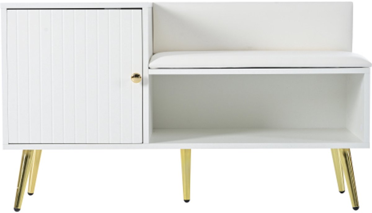 Schoenenkast schoenbank in wit met opbergruimte, gewatteerde zitbank en rugleuning - schoenenrek met metalen handgrepen en poten - voor de hal (4255890904457)