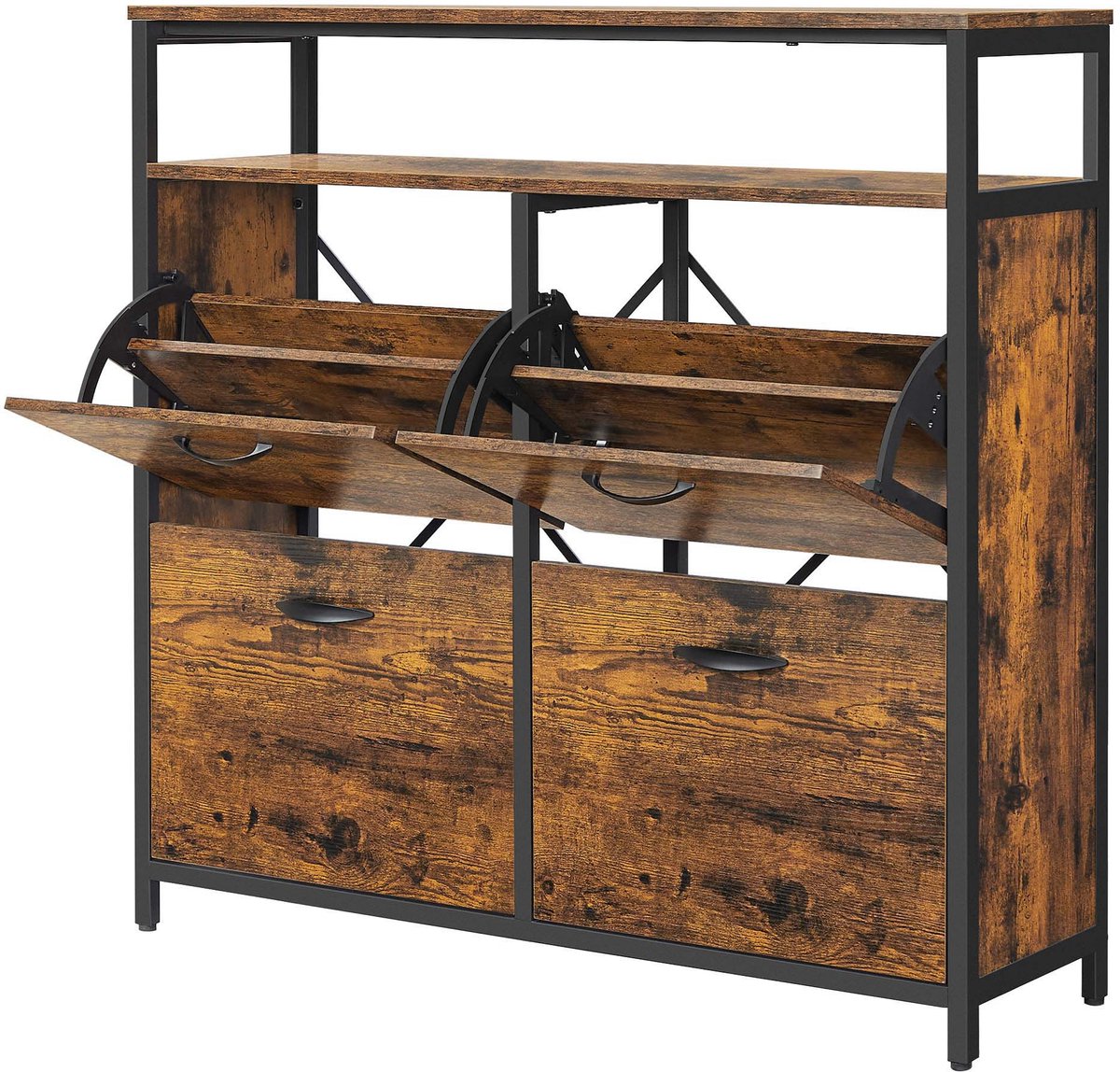 Schoenenkast schoenenrek multifunctioneel opbergmeubel met 4 klapdeuren en 2 open vakken geschikt voor 12-20 paar schoenen stevig frame geschikt voor hal gang en slaapkamer 98,3 x 30 x 95 cm bruin + zwart (4255890921669)