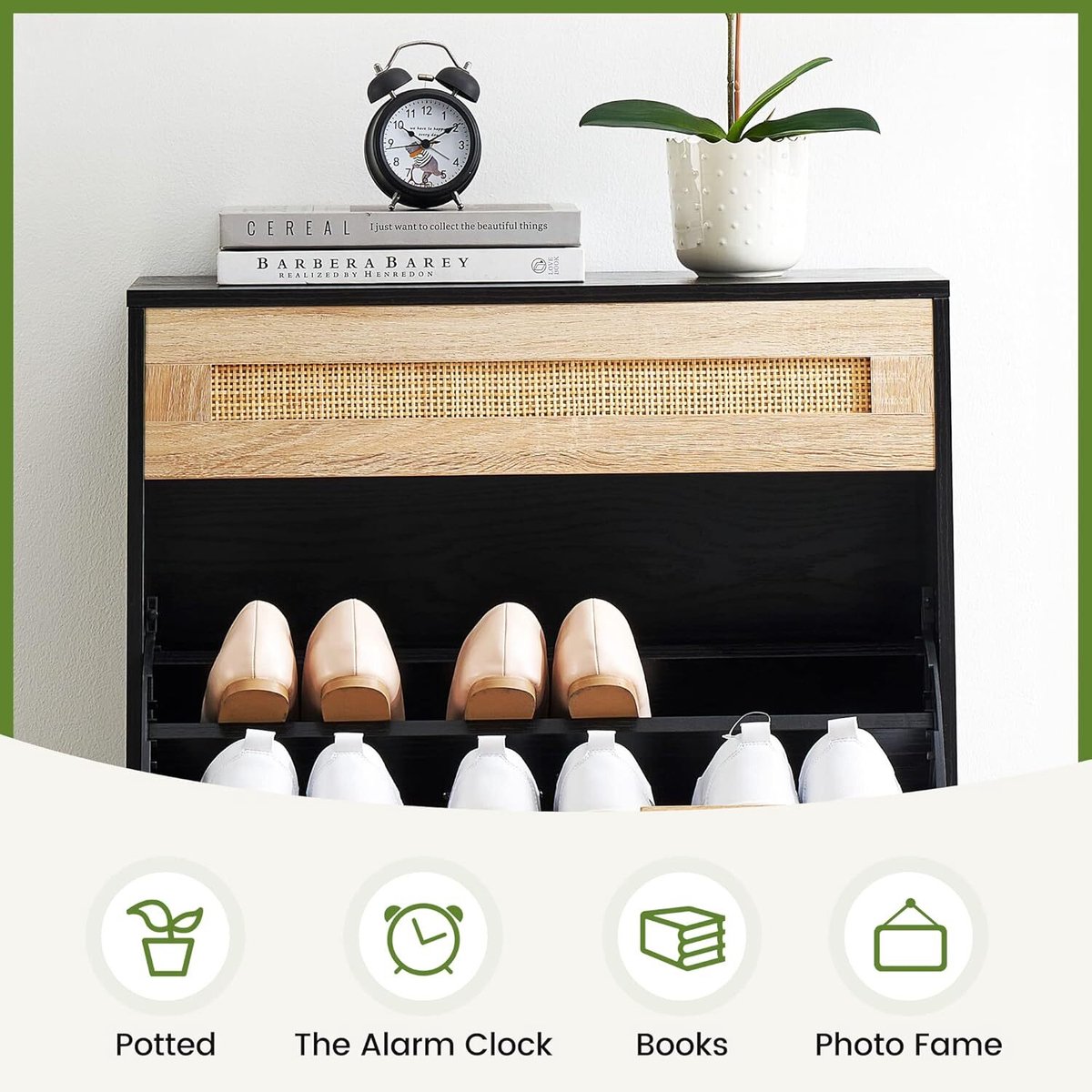 Schoenenkast voor 12 paar schoenen, 2 deuren, rotan schoenenkast met verstelbare planken, smalle schoenenopbergruimte voor hal of gang 102 x 24 x 61 cm-Zwart (6955675988600)