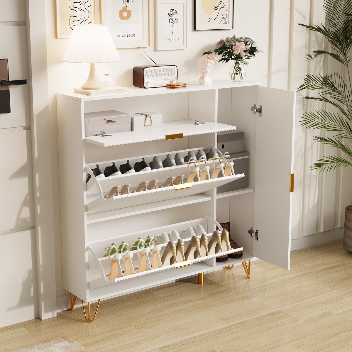 Schoenenkast voor de hal, hout, met 2 kleppen en 2 kastdeuren, wit, geschikt voor slaapkamer en woonkamer, 110x24x118,5 cm. Moderne houten schoenenkast met deuren, schoenenopbergkast (3091182700724)