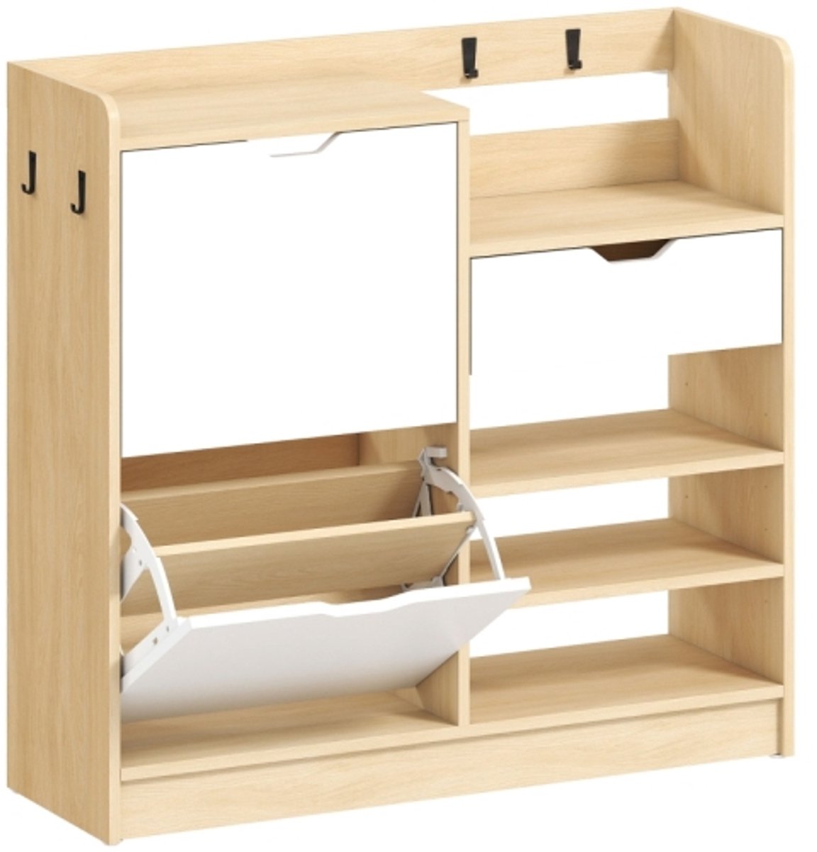 Schoenenkast voor hal met kantellades, open schappen en 4 haken naturel Woonkamerkast Zijkast Halkast (4255901414081)