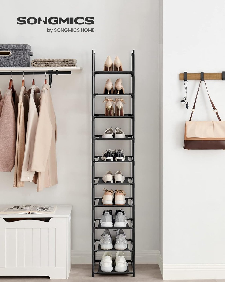 Schoenenrek, 10 niveaus, schoenenrek, schoenenopberger, smal, 33 x 33 x 173 cm, metalen frame, planken van vliesstof, voor hal, slaapkamer, zwart LSR110B02 (6150438735709)
