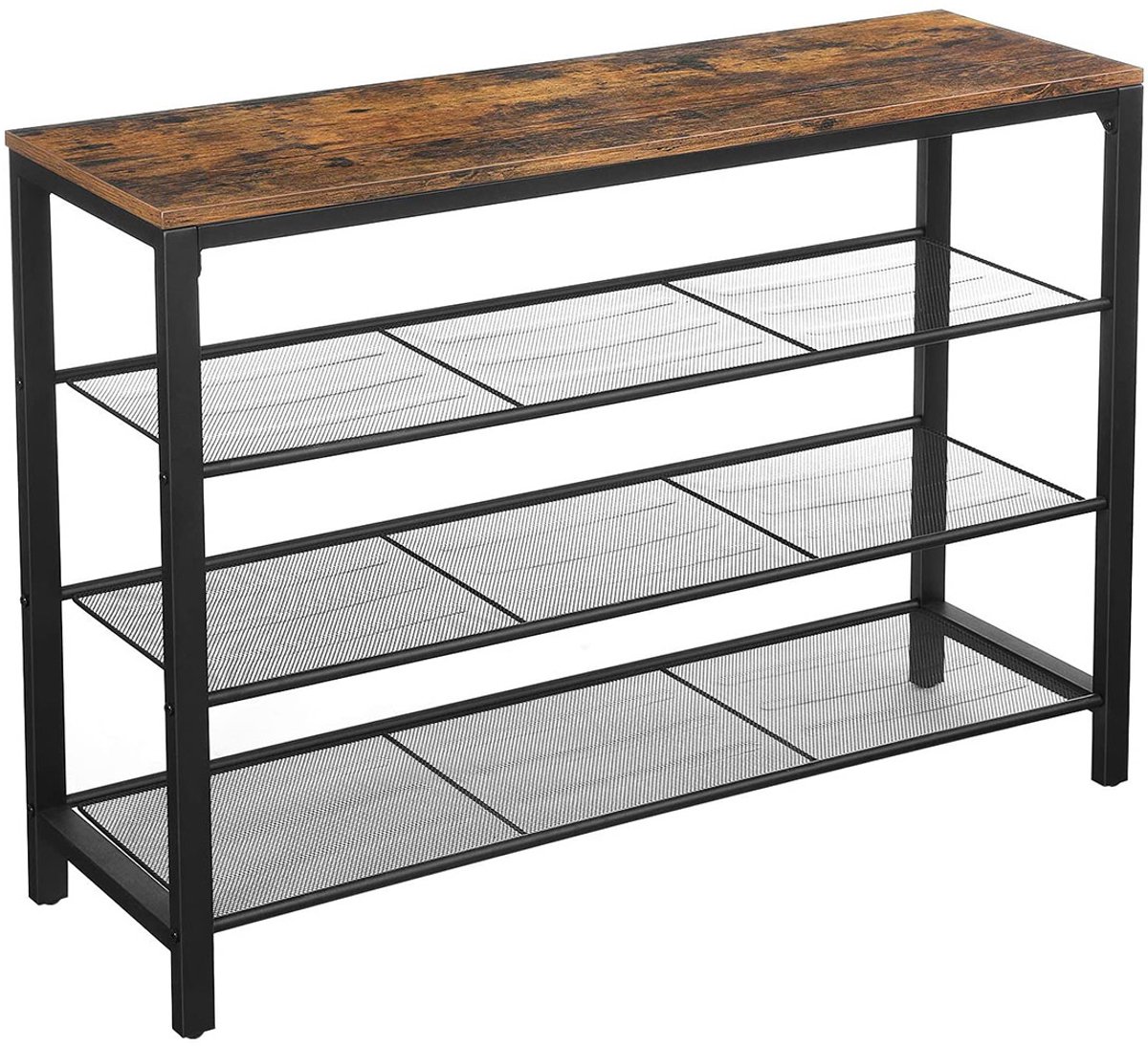 Schoenenrek 100x30x72cm Rustiek Bruin + Zwart Metaal Hout Hal Woonkamer Slaapkamer 3 Gaasplanken Met Houten Bovenblad Stabiel Eenvoudig Te Monteren Industrieel Modern Minimalistisch (4255839493691)